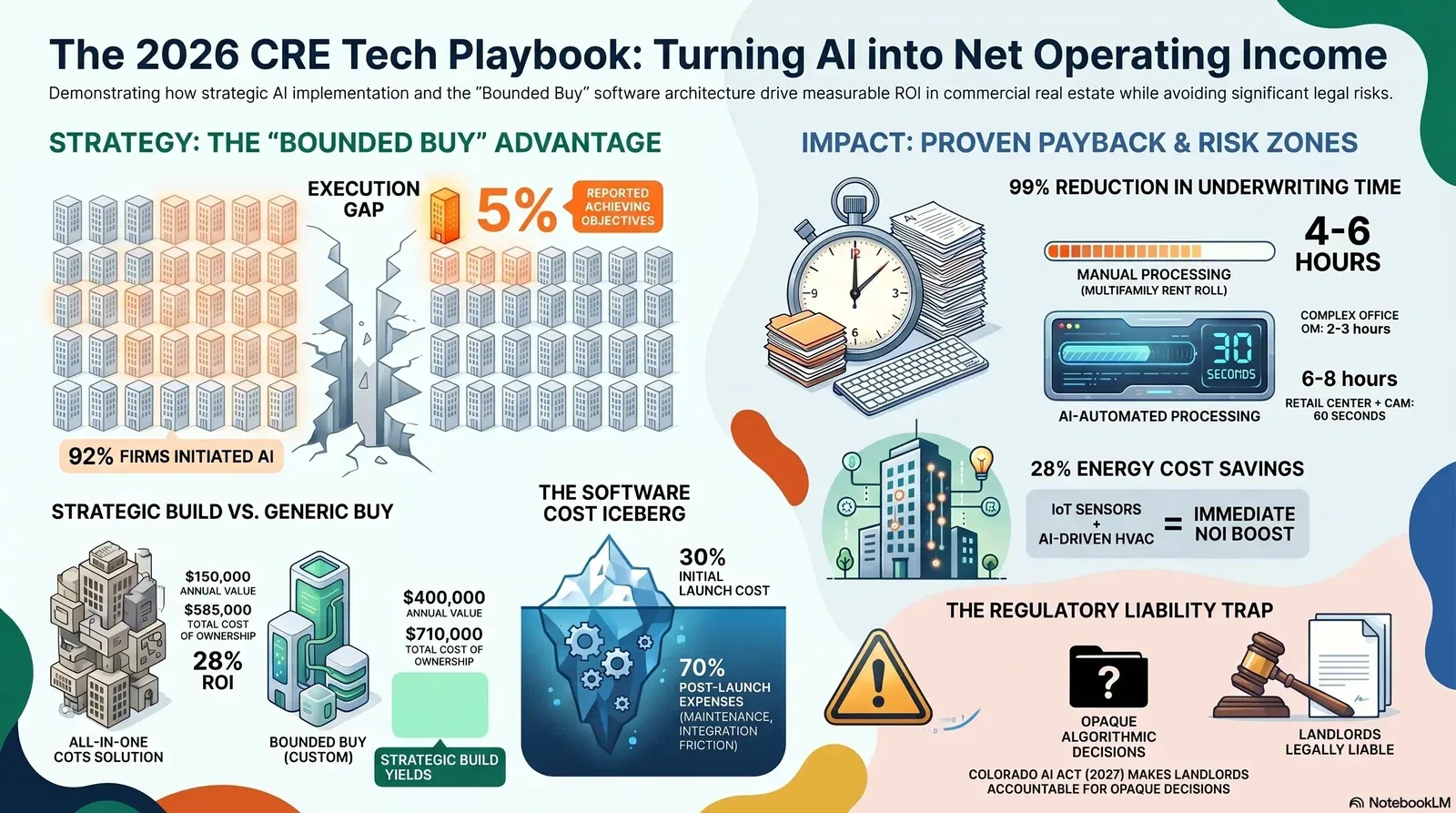 Infographic demonstrating strategic AI implementation benefits and risks in commercial real estate for 2026.