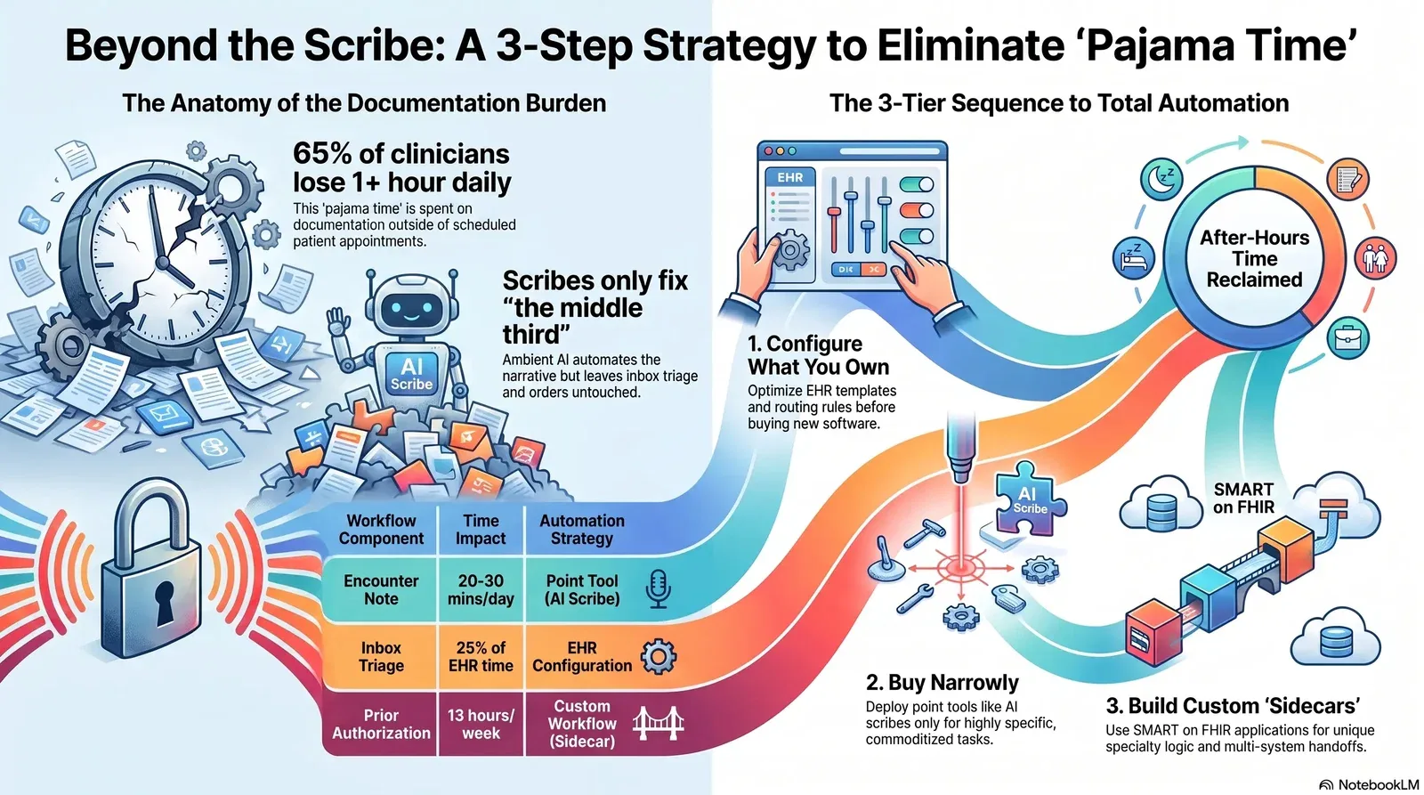 A 3-step strategy infographic showing how to eliminate clinicians' after-hours documentation burden through workflow optimization, targeted AI tools, and custom automation.