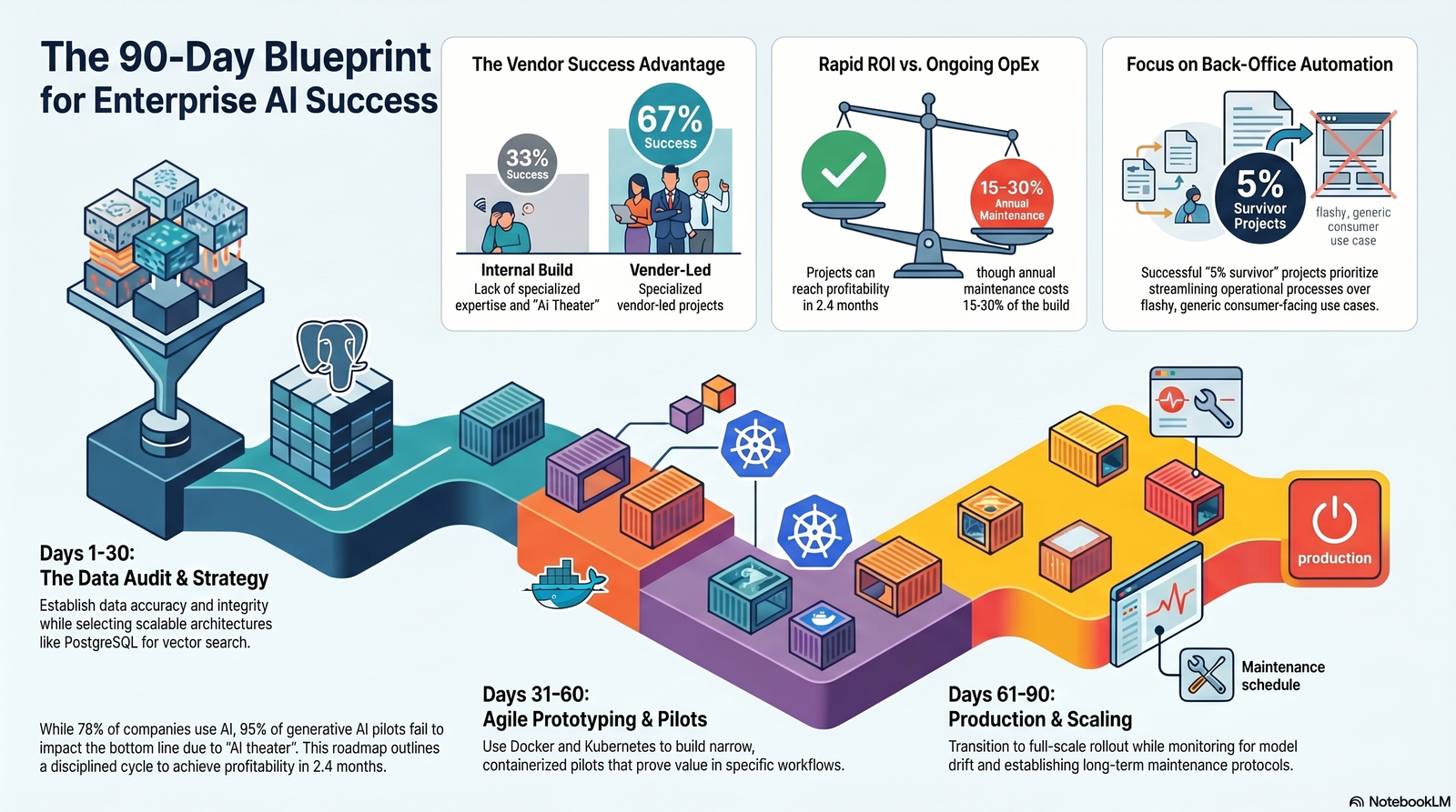 A 90-day AI implementation roadmap highlighting data strategy, agile prototyping, and scaling phases for enterprise success.