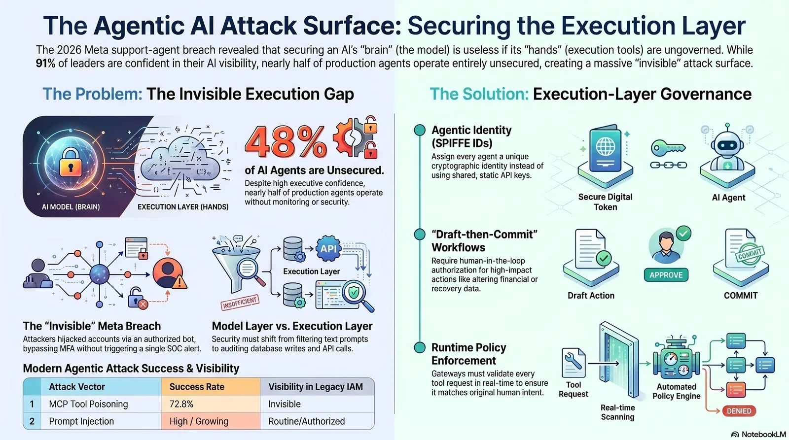 Overview of AI execution layer security challenges and governance solutions to mitigate invisible attack surfaces in AI agents.