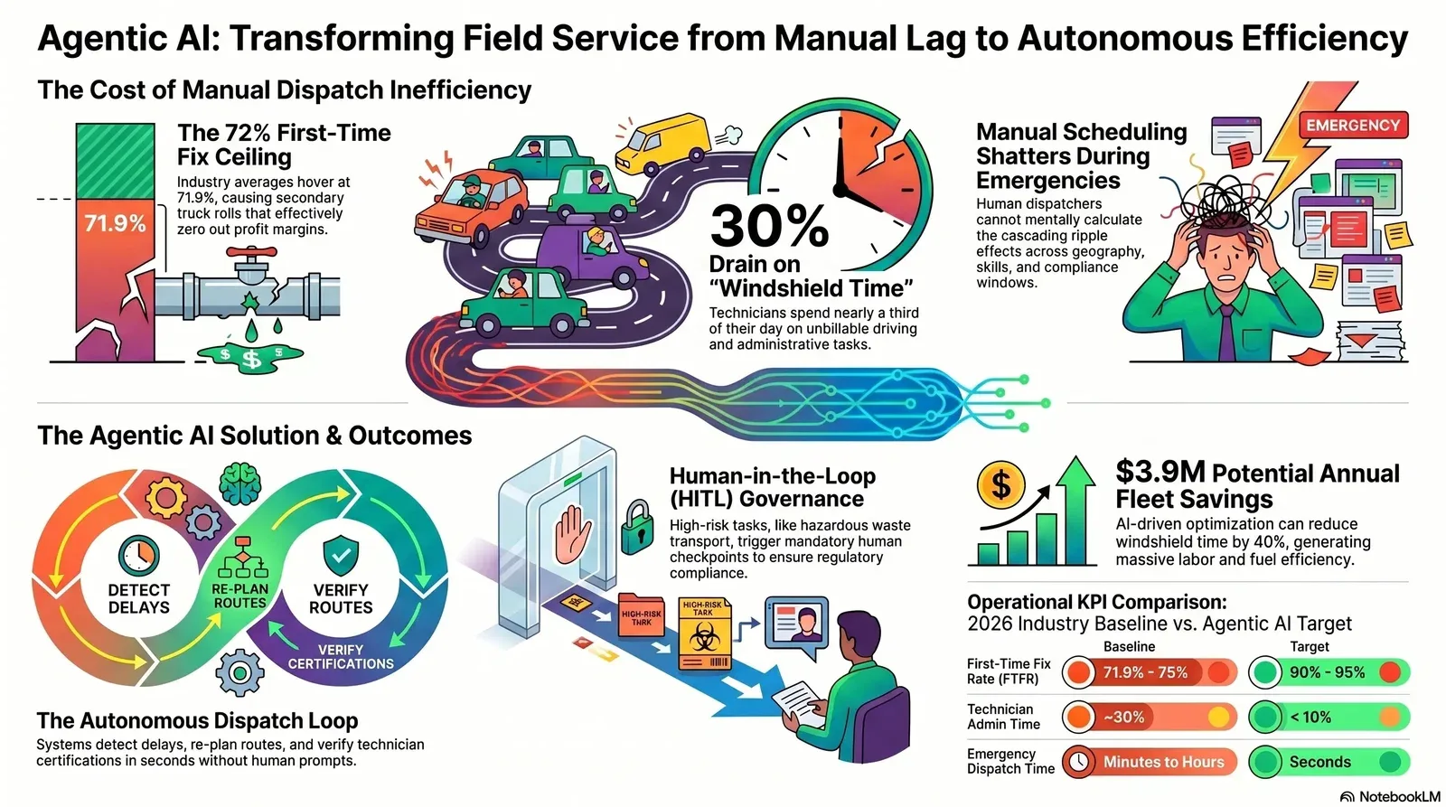 Agentic AI transforms field service dispatch from manual inefficiency to autonomous optimization, driving significant cost savings and operational improvements.