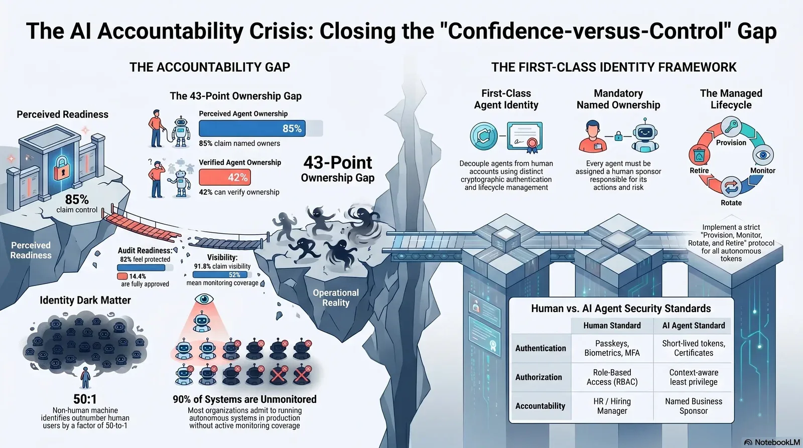 Illustration depicting the AI accountability gap and framework for improving agent identity and lifecycle management.