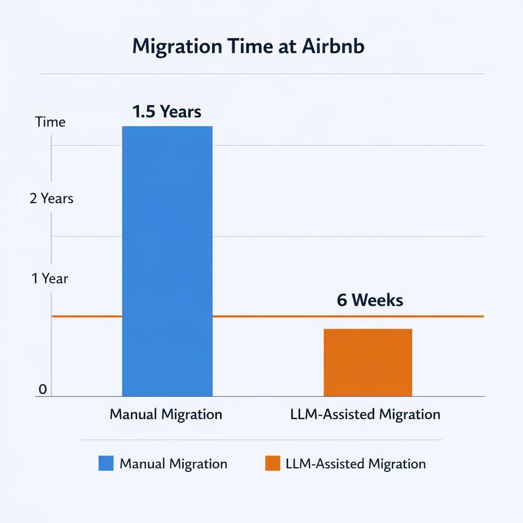 Bar chart comparing manual migration time to LLM-assisted migration time.
