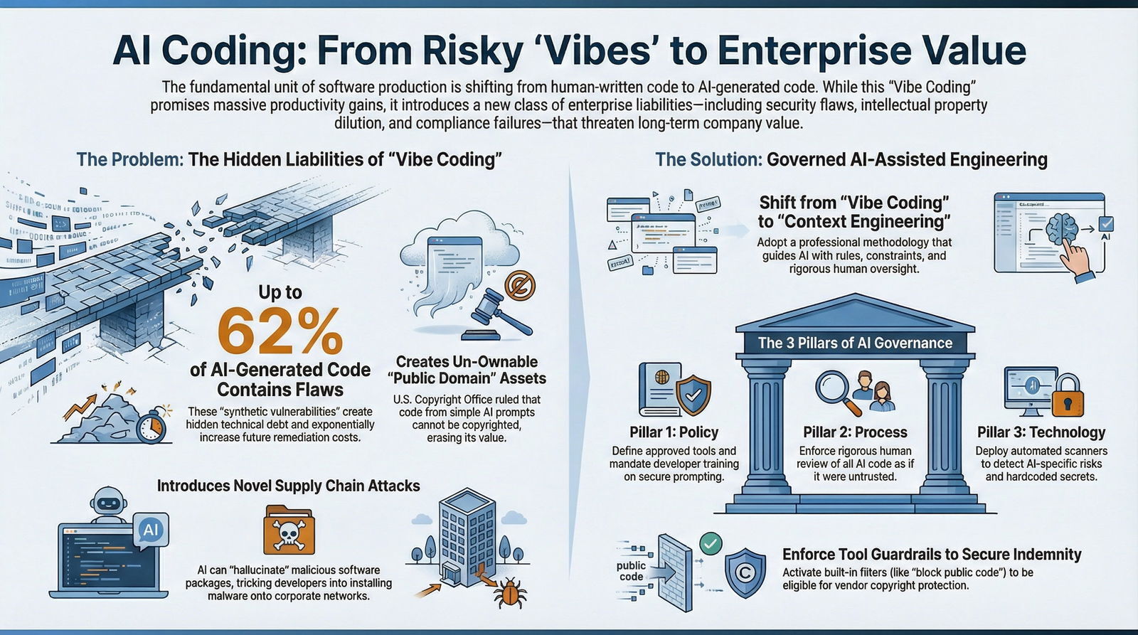Infographic detailing risks of AI-generated 'Vibe Coding' and the solution through governed AI-assisted engineering and governance pillars.