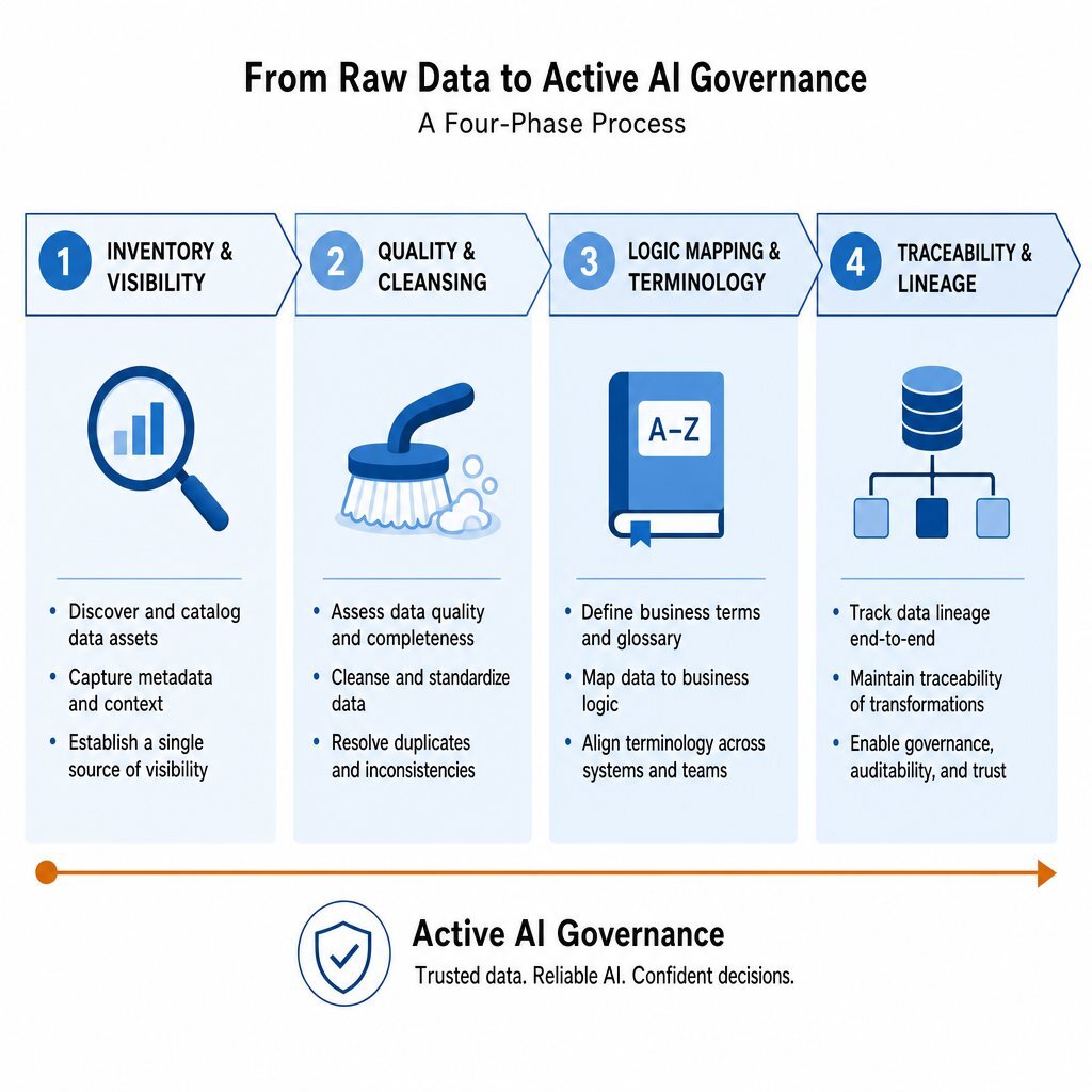Infographic playbook detailing the four essential phases to prepare enterprise data for AI deployment.