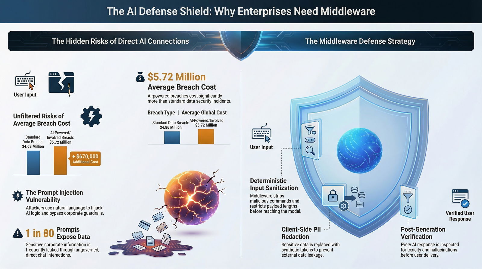 Infographic showing the risks of direct AI connections versus the middleware approach to safeguarding enterprise AI systems.