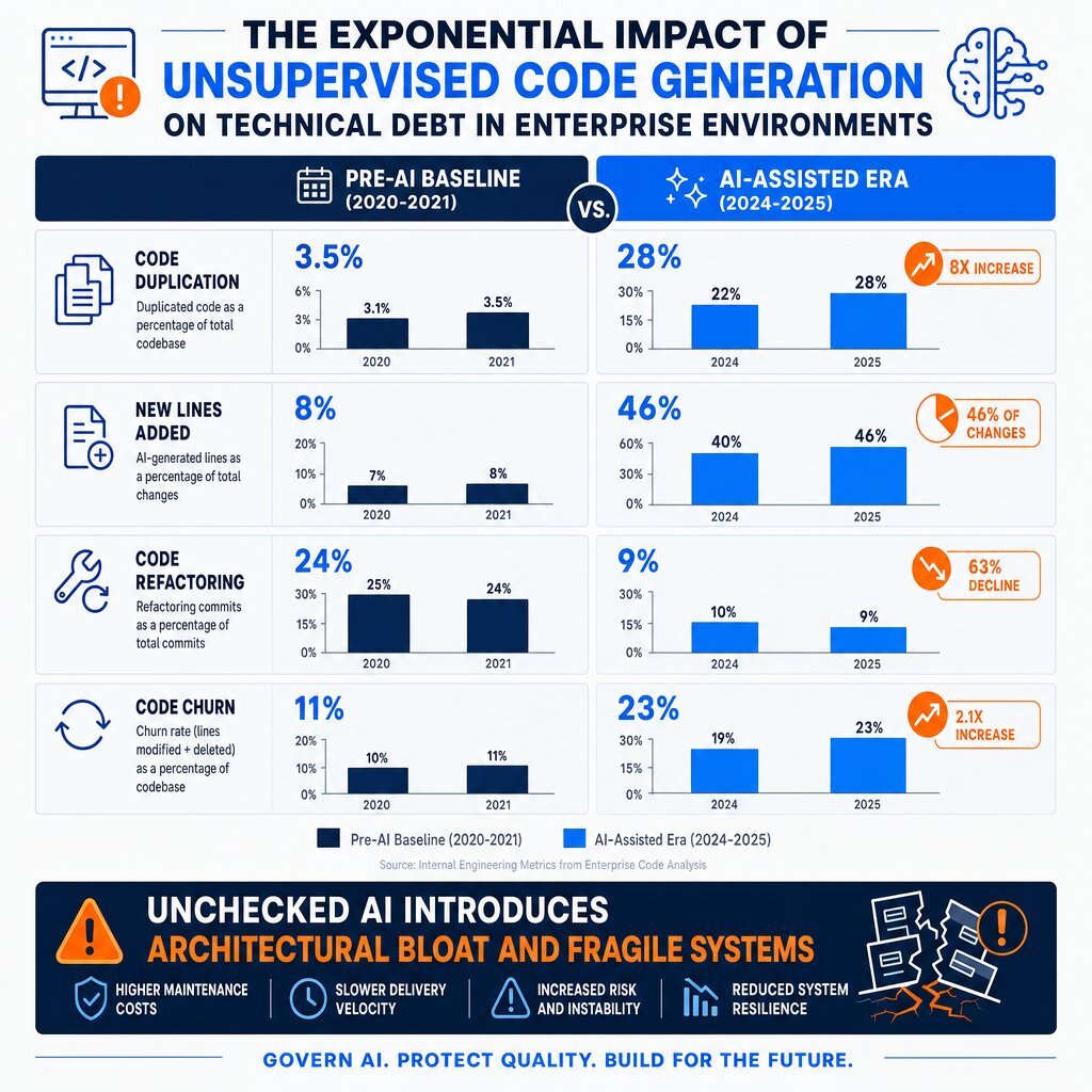 Infographic: Unsupervised code generation drives technical debt and system fragility.