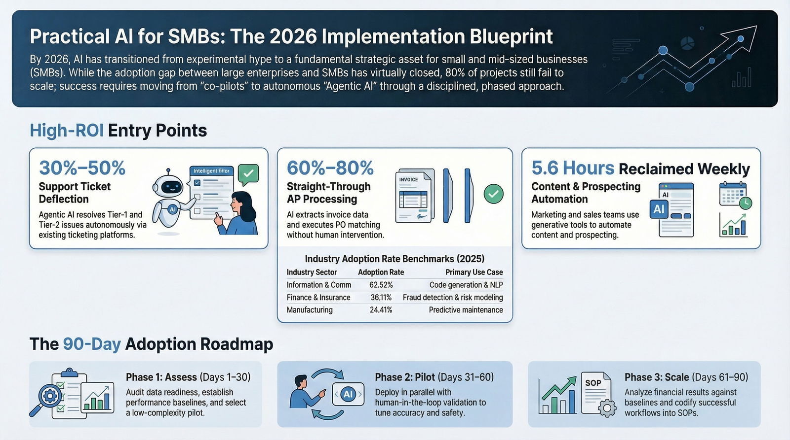 Blueprint for AI adoption in SMBs focusing on high-ROI entry points and a 90-day phased implementation roadmap.
