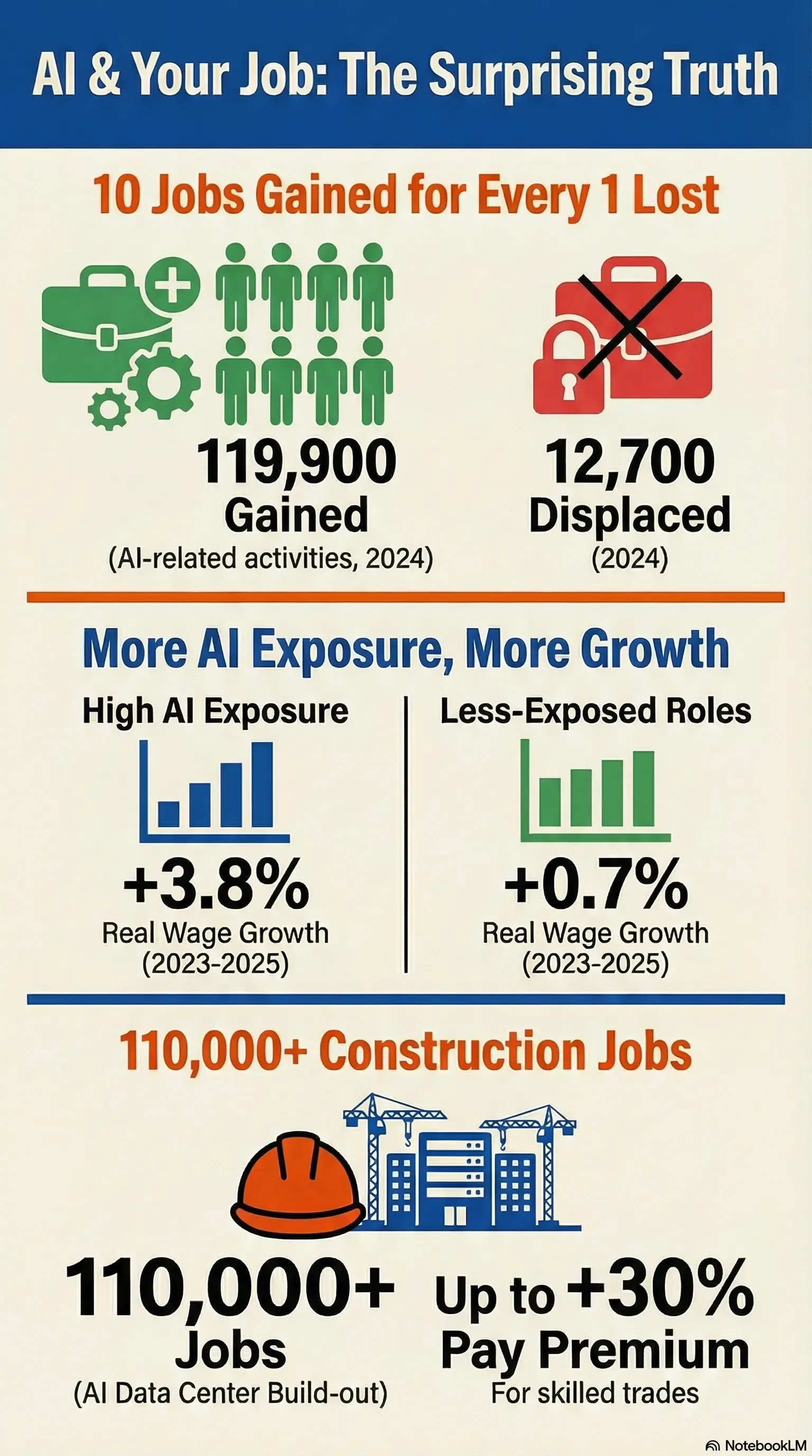 AI is creating 10 new jobs for every one lost and driving higher wage growth in exposed roles, with significant construction job creation and pay premiums expected.
