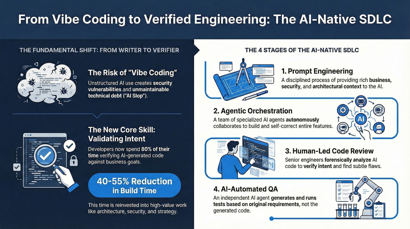 Overview of the AI-native SDLC emphasizing verification over unstructured AI coding.