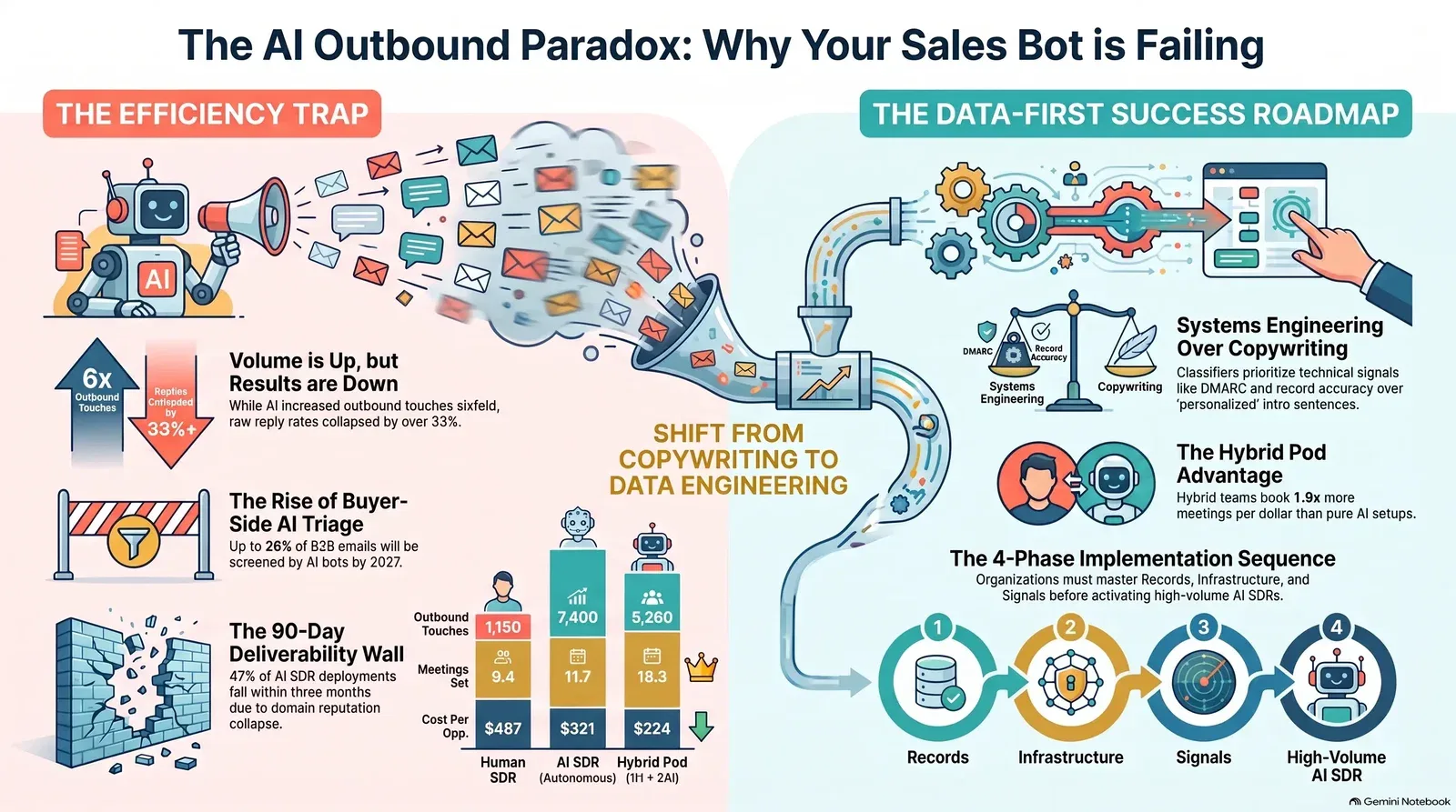 Infographic illustrating the challenges faced by AI sales bots and a data-driven roadmap for improving outbound sales efficiency.