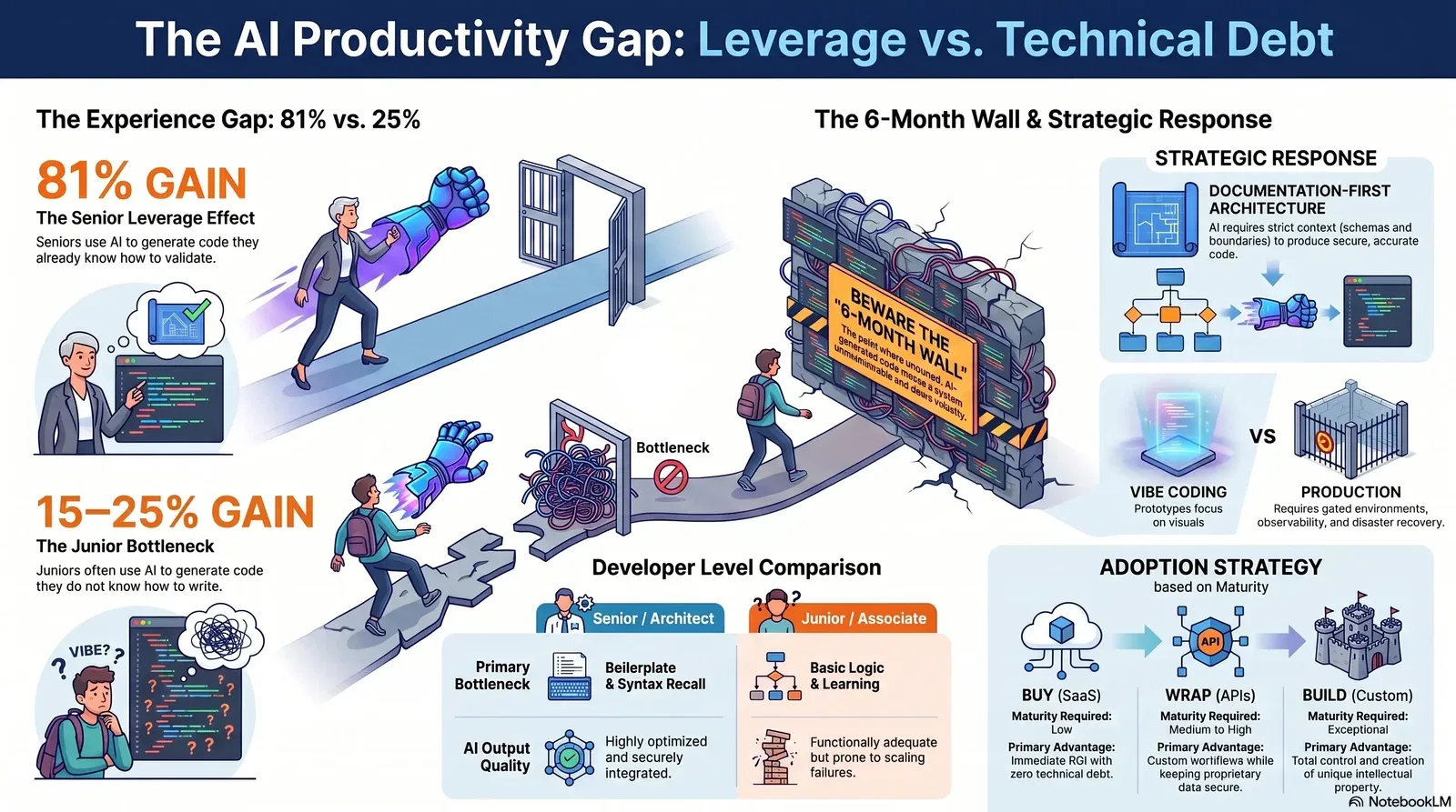 Illustration of AI productivity gaps between senior and junior developers, the challenges of unmaintained AI-generated code, and strategic responses to minimize technical debt.