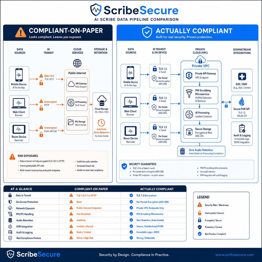 Data Flow Diagram: Secure vs. Insecure Clinical Audio Processing