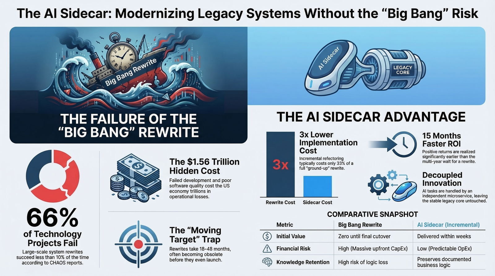 Infographic comparing the failure risks of Big Bang rewrites with the cost-effective, incremental AI Sidecar modernization approach for legacy systems.