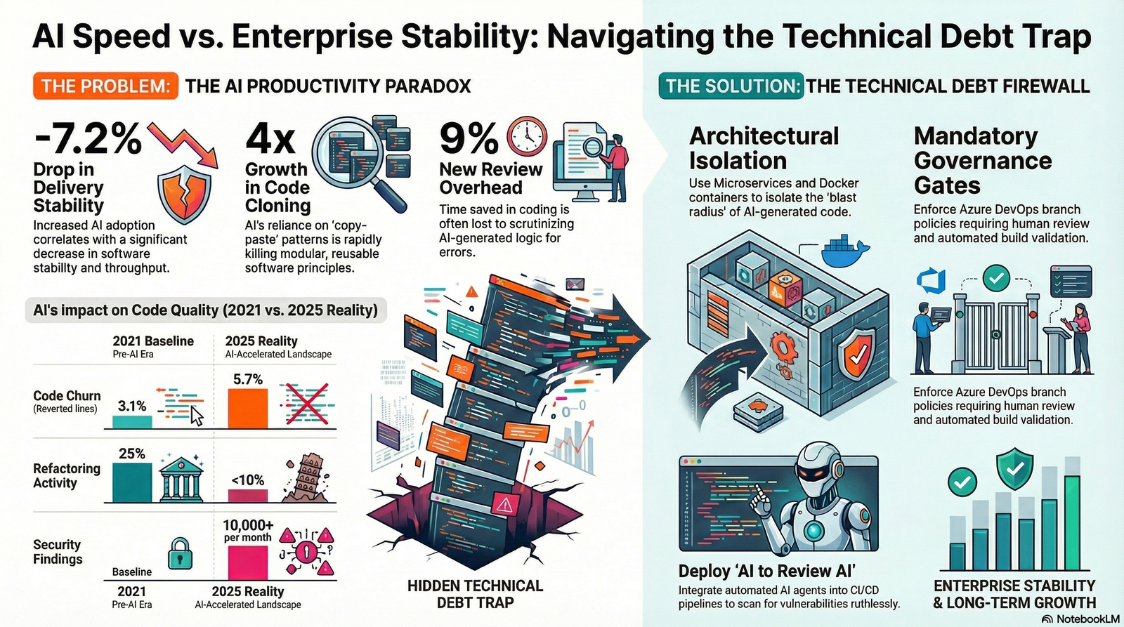 Infographic detailing the paradox of AI productivity impact on enterprise software stability and outlining technical debt management strategies.