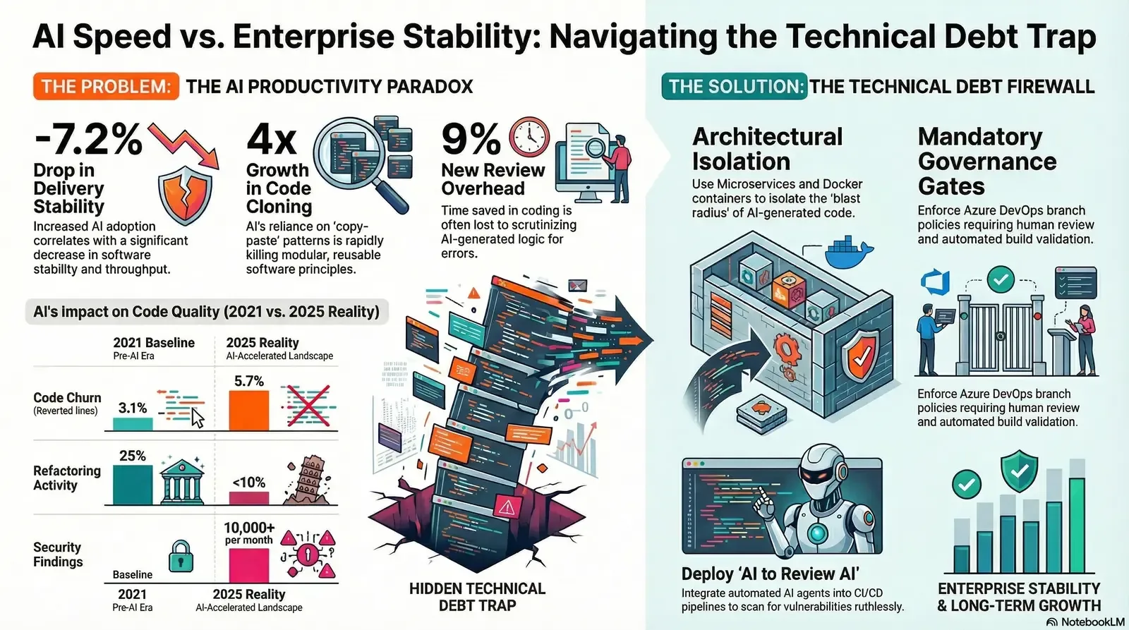 Visual summary of the technical debt challenges caused by accelerated AI development and strategic solutions to maintain enterprise stability.