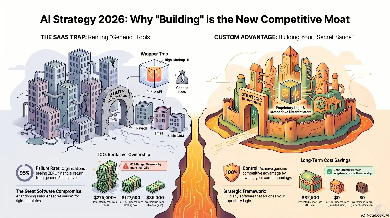 Comparison of AI strategies: Renting generic SaaS tools vs building custom proprietary AI systems as a competitive moat in 2026.