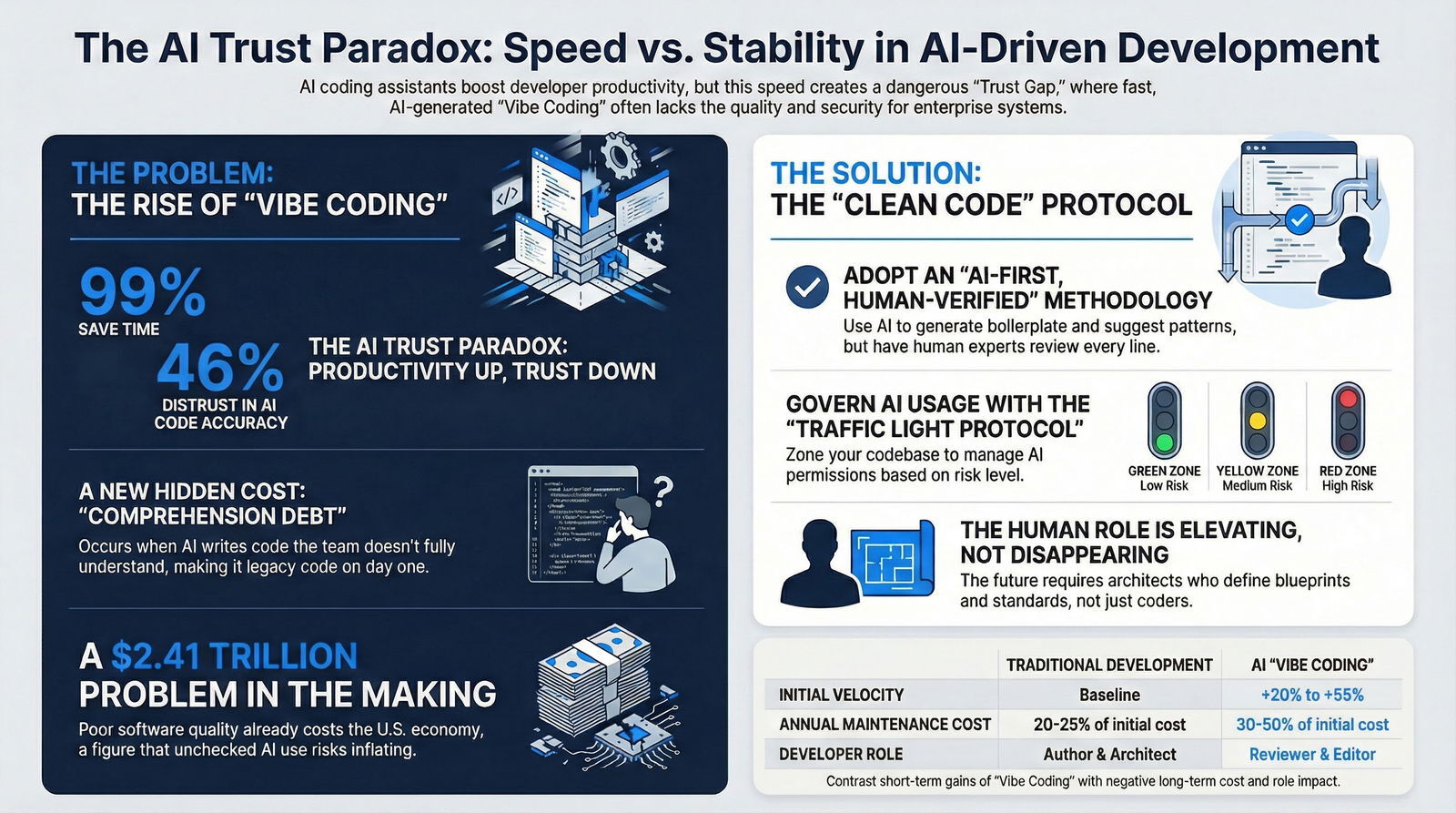 Infographic illustrating the AI Trust Paradox in software development, showing the tradeoff between speed and stability, risks of AI “vibe coding,” rising comprehension debt, economic impact of poor code quality, and a Clean Code protocol with AI-first, human-verified workflows and traffic-light risk governance.