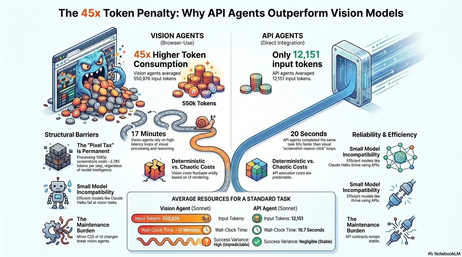 Overview of the 45x token consumption penalty showing why API agents are more efficient and reliable than Vision Agents.