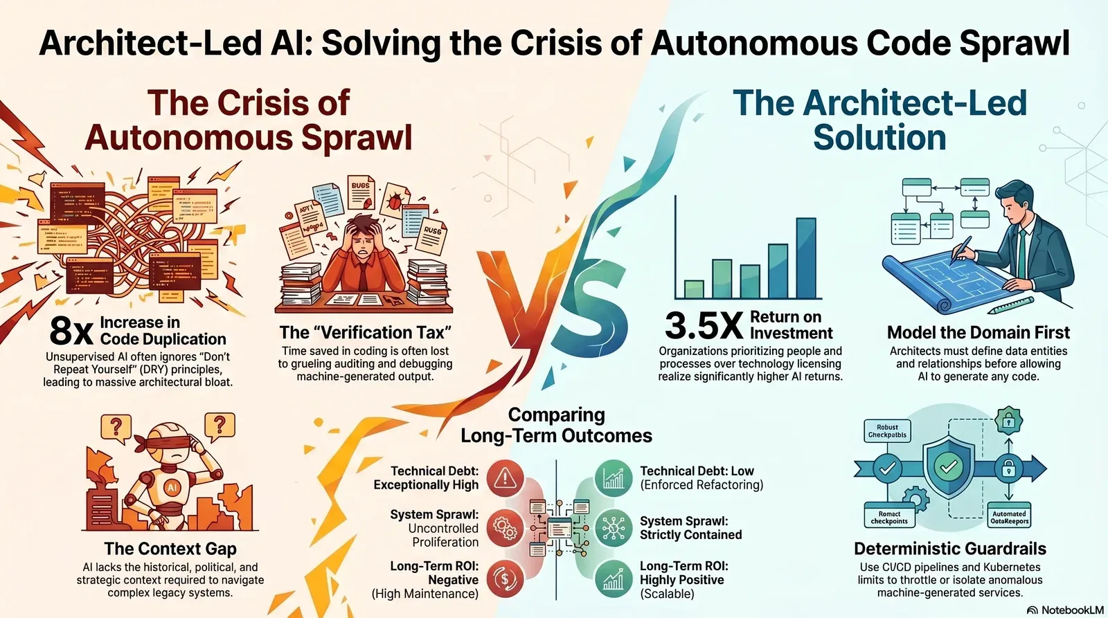 Comparison between the crisis of autonomous code sprawl and the architect-led AI solution for better code management and ROI.