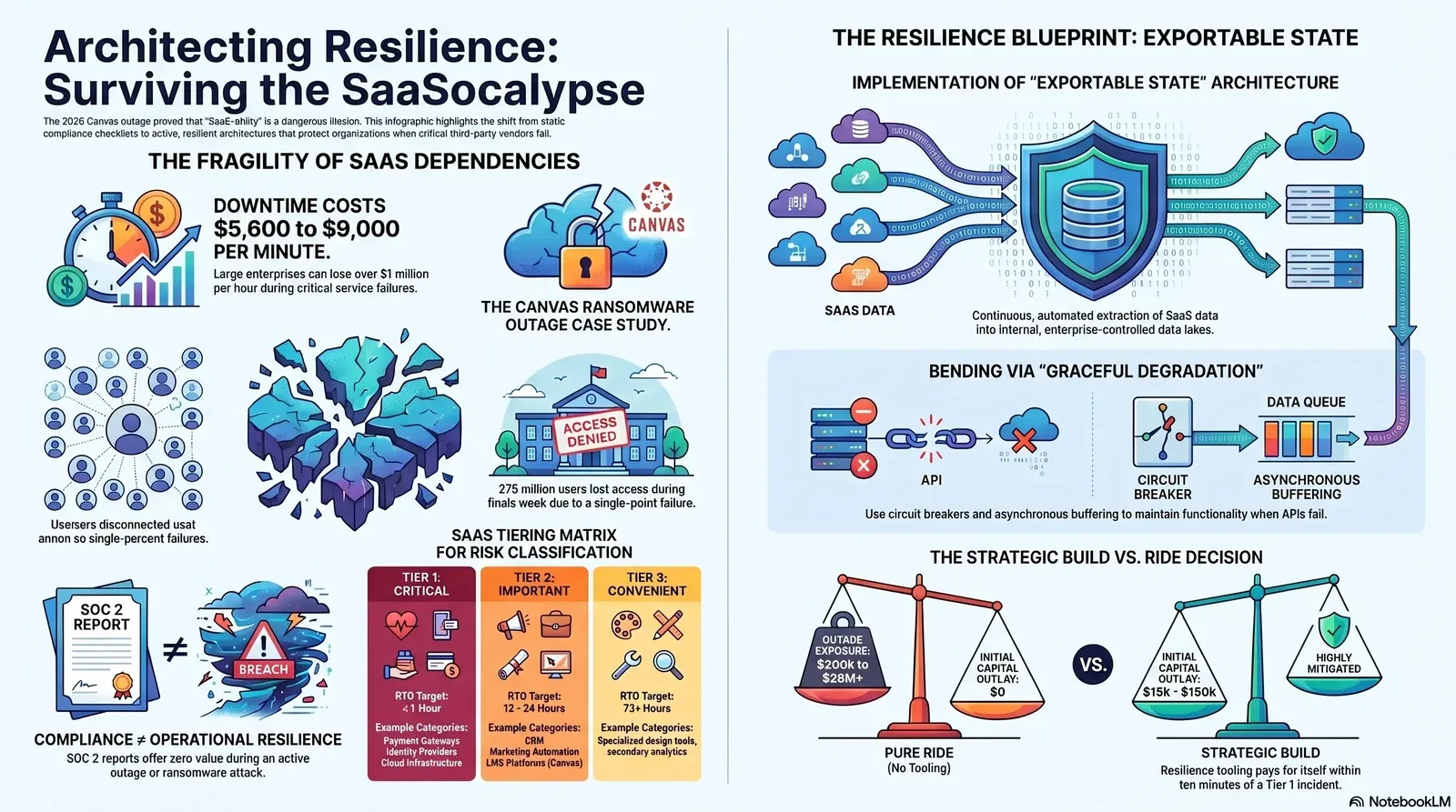 Infographic illustrating the importance of building resilient SaaS architectures to survive outages like the Canvas ransomware attack, with strategies including exportable state architecture and graceful degradation.