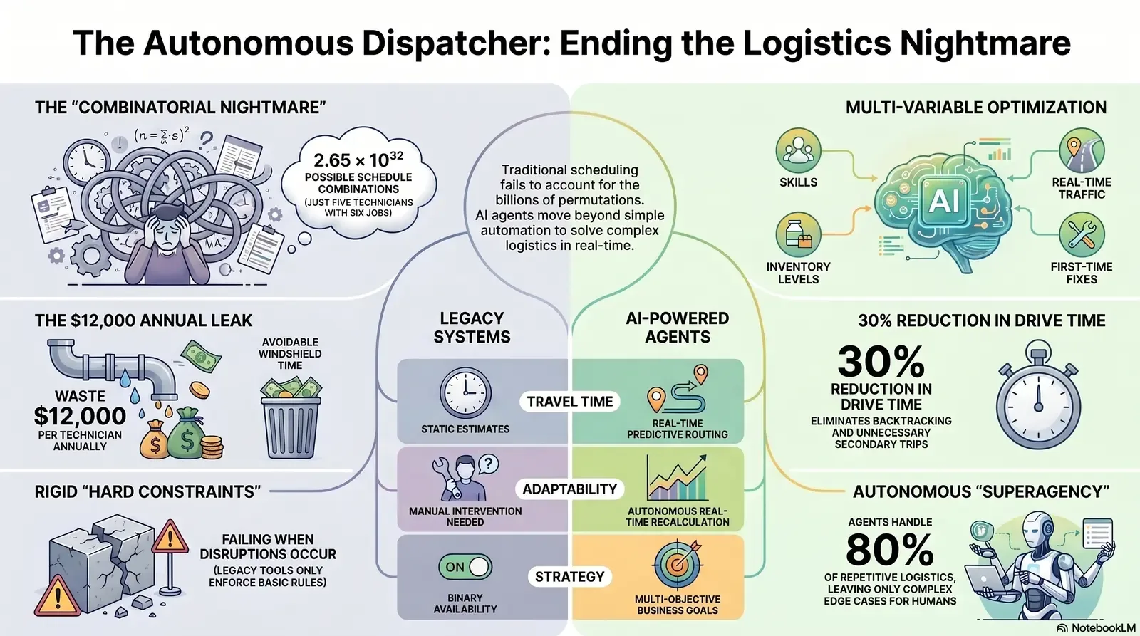 Comparison of legacy logistics systems and AI-powered agents illustrating the benefits of autonomous dispatching for optimizing scheduling and reducing operational inefficiencies.