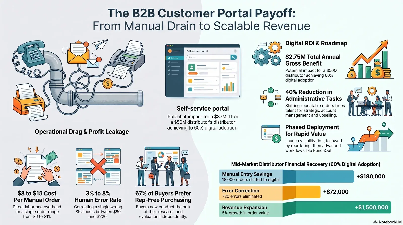 Infographic showing the transition from manual operational drain to scalable revenue using a B2B self-service customer portal.