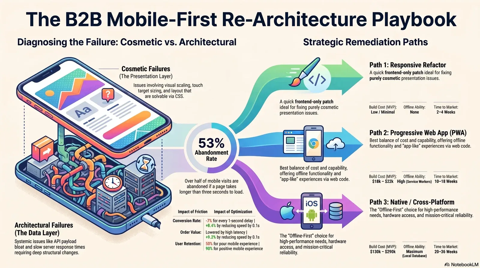 The B2B Mobile-First Re-Architecture Playbook outlines types of mobile web failures and three strategic remediation paths with comparative cost, offline abilities, and timelines.