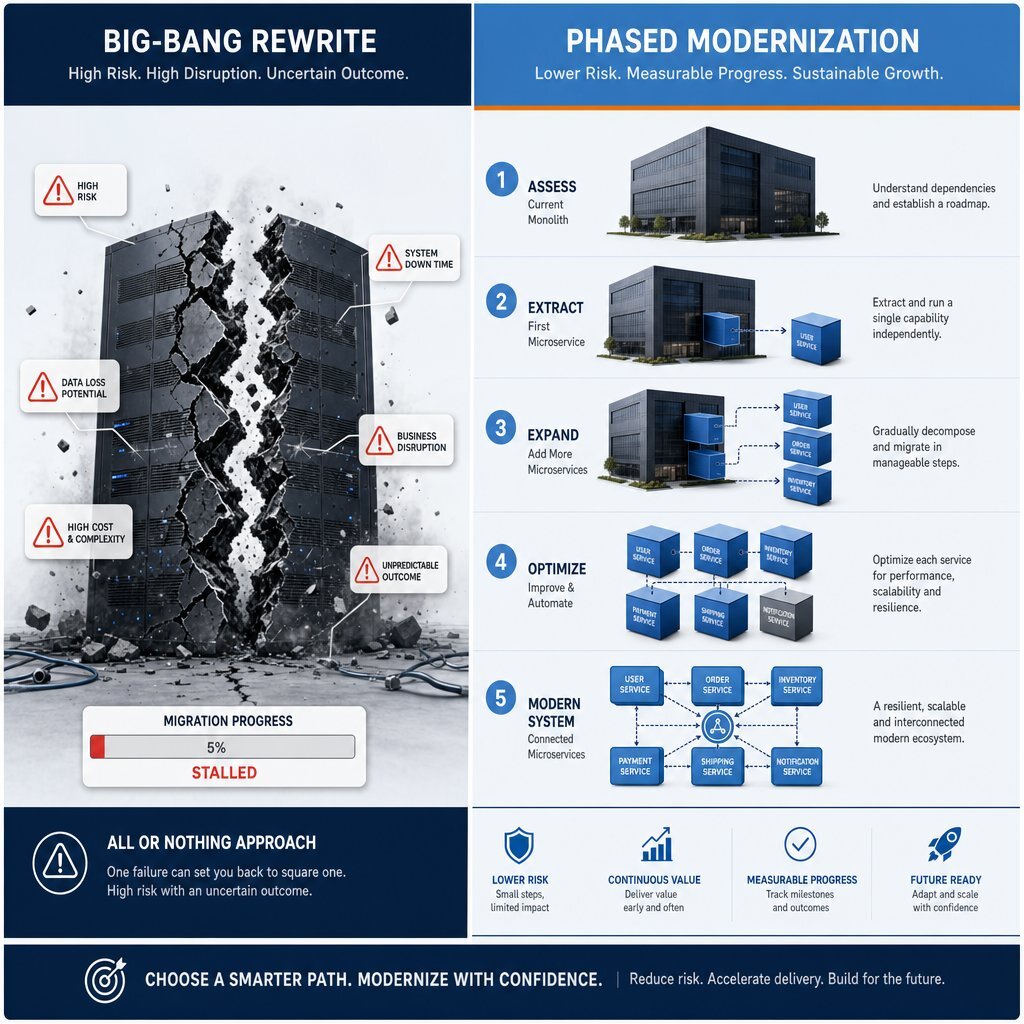 Big-Bang Rewrite vs. Phased Modernization Infographic