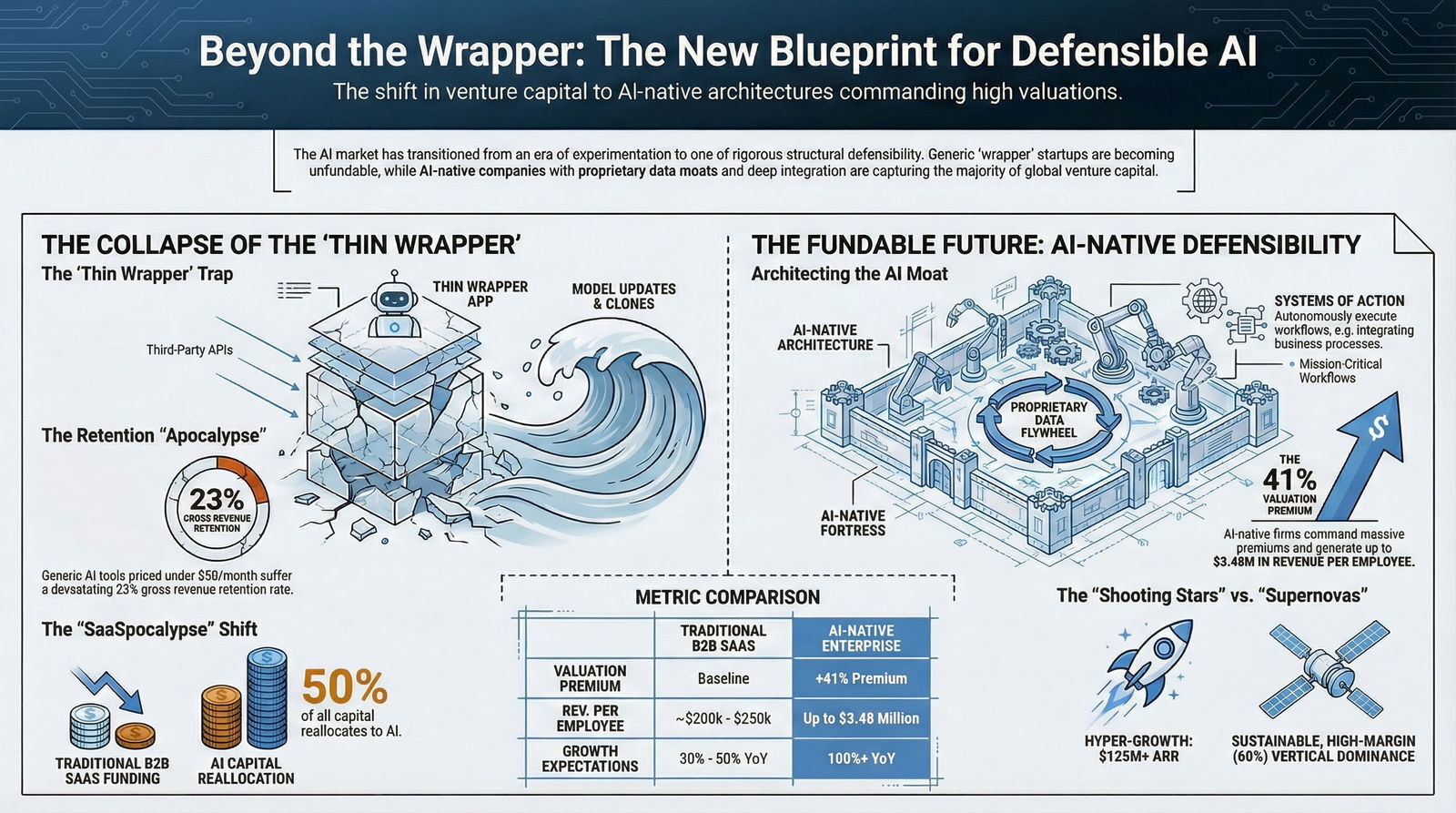 Infographic illustrating the transition from 'thin wrapper' AI startups to AI-native companies with proprietary architectures commanding higher valuations and defendability.