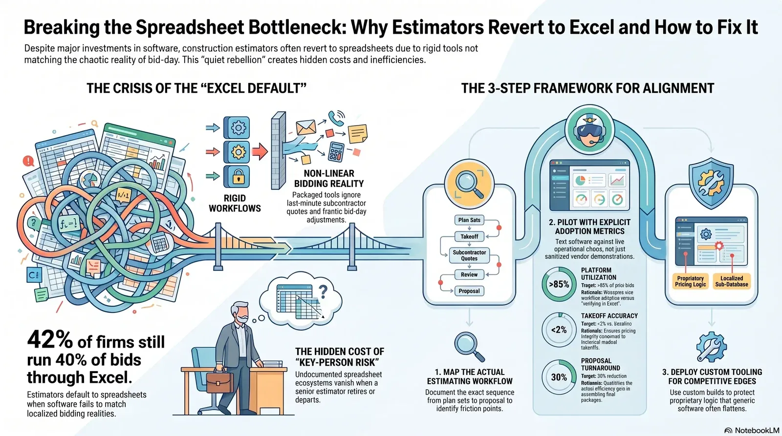 Infographic detailing why construction estimators revert to Excel and a three-step approach to improve software adoption and bidding efficiency.