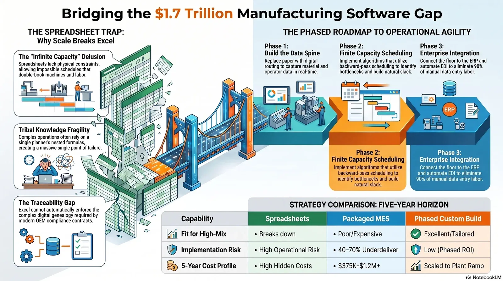 Infographic outlining the manufacturing software gap and phased roadmap to enhance operational agility through digital transformation.
