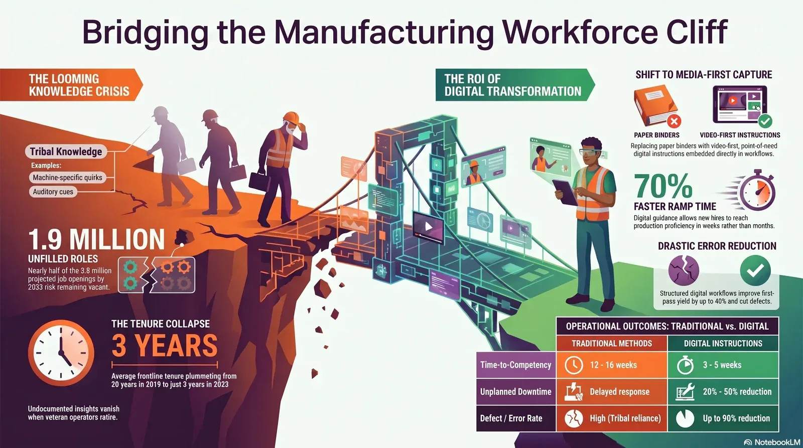 Infographic showcasing the impact of digital transformation in closing the manufacturing workforce gap by replacing tribal knowledge with structured digital workflows.