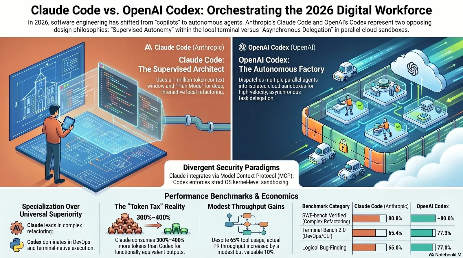 Comparison of Anthropic's Claude Code and OpenAI's Codex highlighting their design philosophies, security paradigms, and 2026 software engineering performance benchmarks.