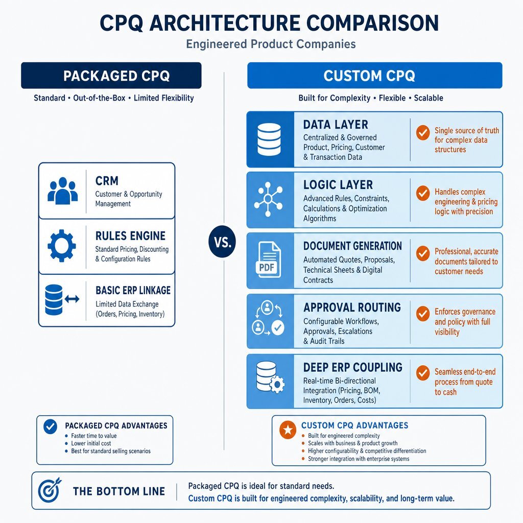 CPQ Stack: Packaged vs Custom Architecture Diagram