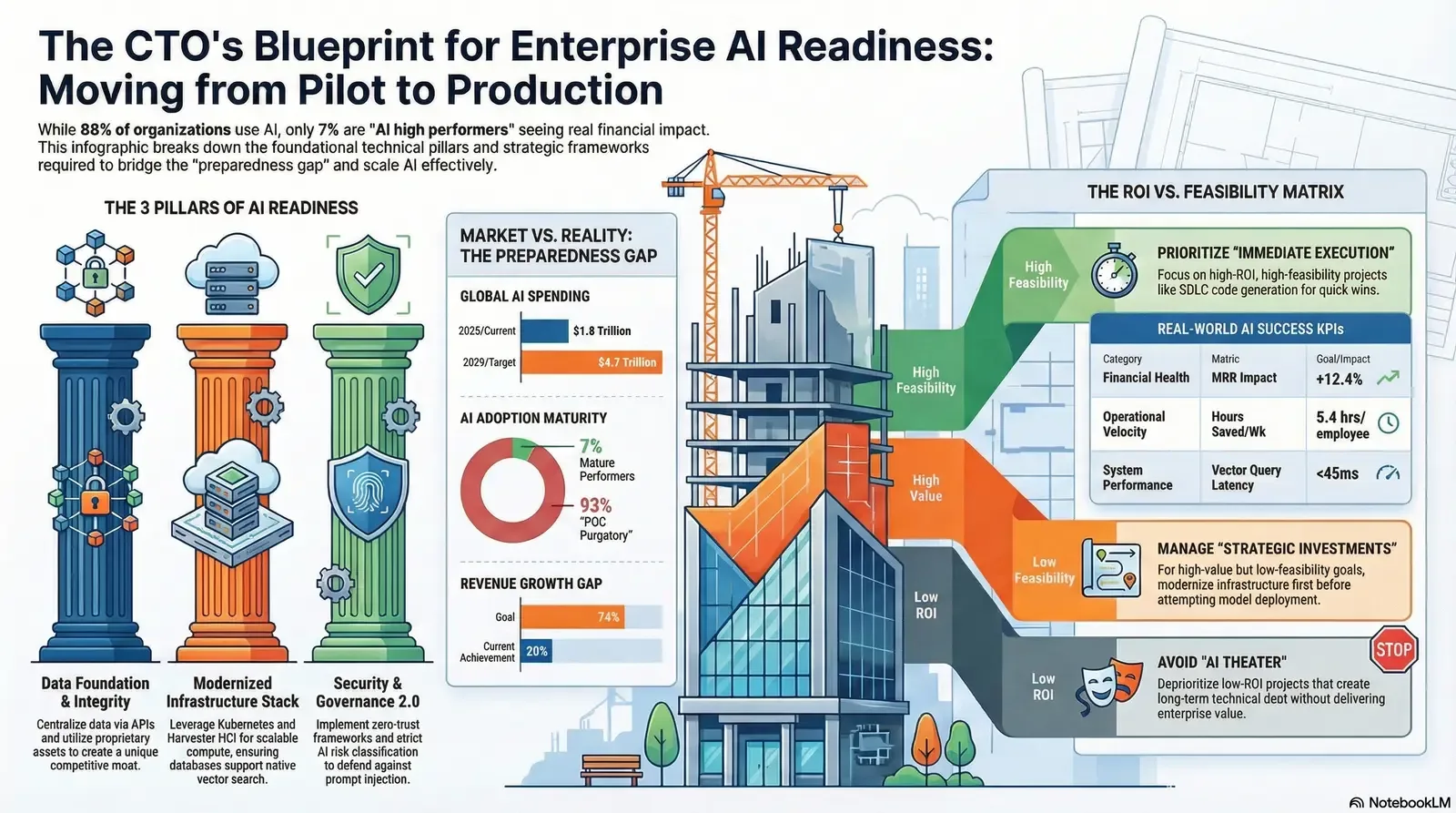 Blueprint highlighting pillars and strategies for scaling enterprise AI from pilot to production with a focus on ROI and feasibility.