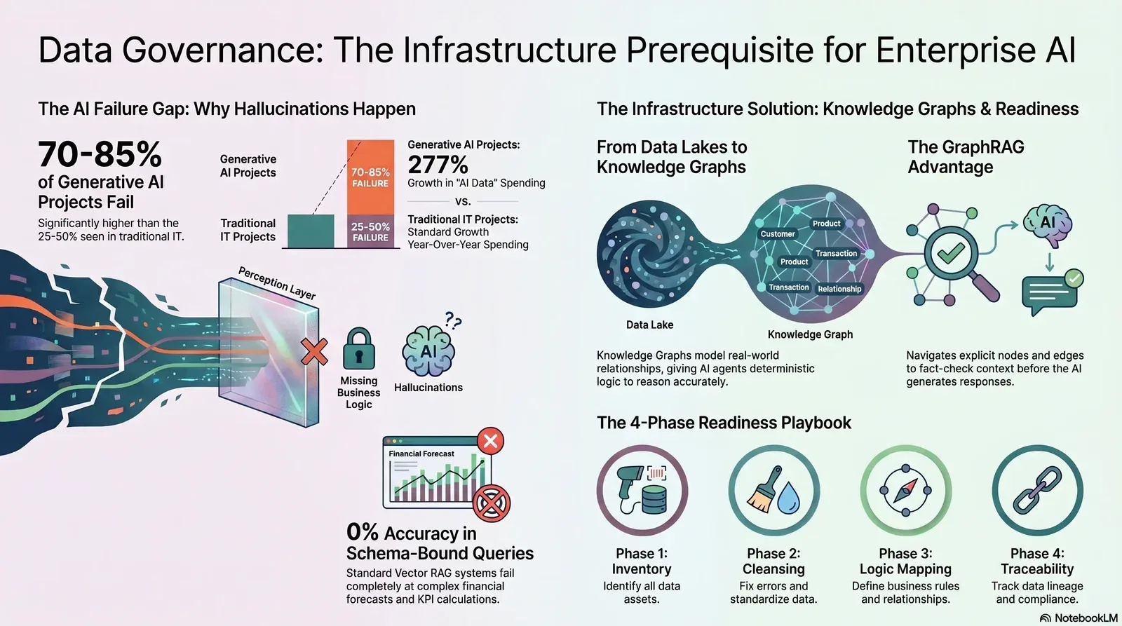 Overview of the importance of data governance infrastructure, knowledge graphs, and a readiness playbook to reduce AI project failures and hallucinations in enterprise AI.