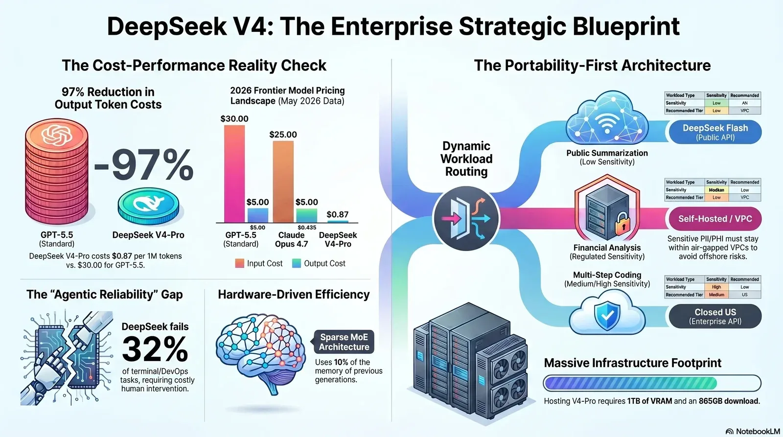 Overview of DeepSeek V4's cost efficiency, reliability, and secure enterprise architecture.