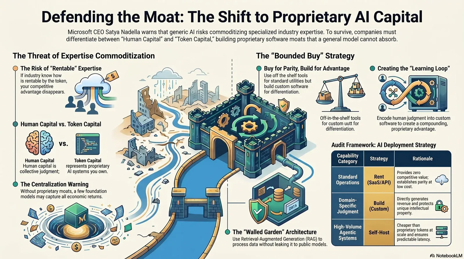 Infographic illustrating the strategic approach to maintaining competitive advantage through proprietary AI capital by differentiating human and token capital and implementing tailored AI deployment strategies.