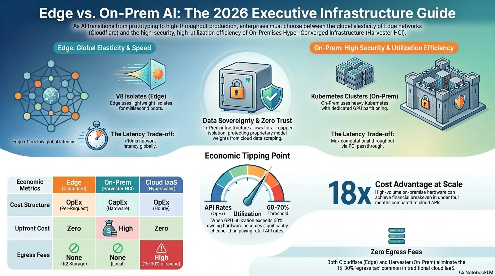 Comparison of Edge and On-Prem AI infrastructure highlighting key differences in latency, security, cost structure, and scalability for 2026.