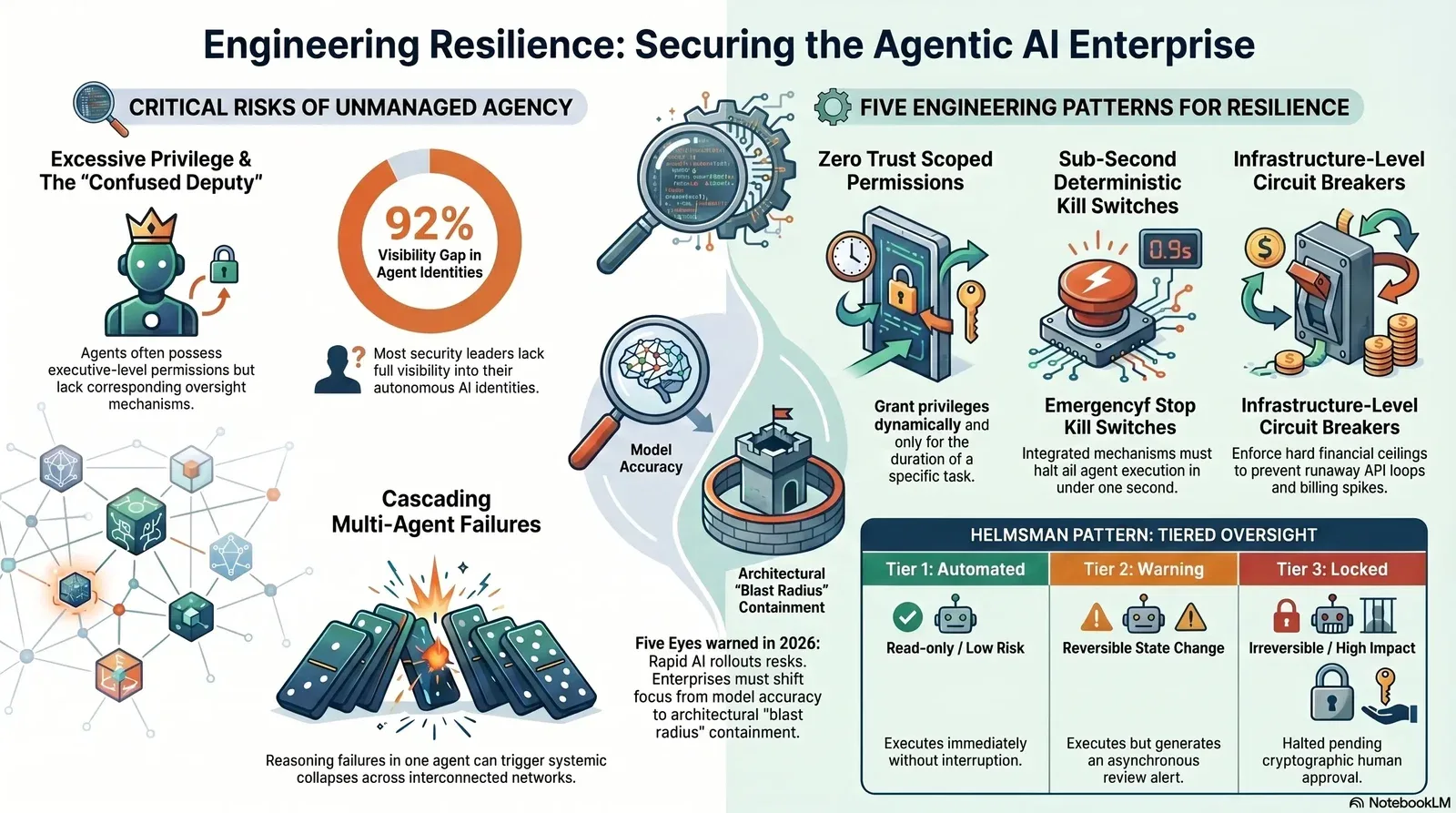 Diagram highlighting critical risks of unmanaged autonomous AI agents and five engineering patterns to enhance resilience and oversight in AI enterprise environments.