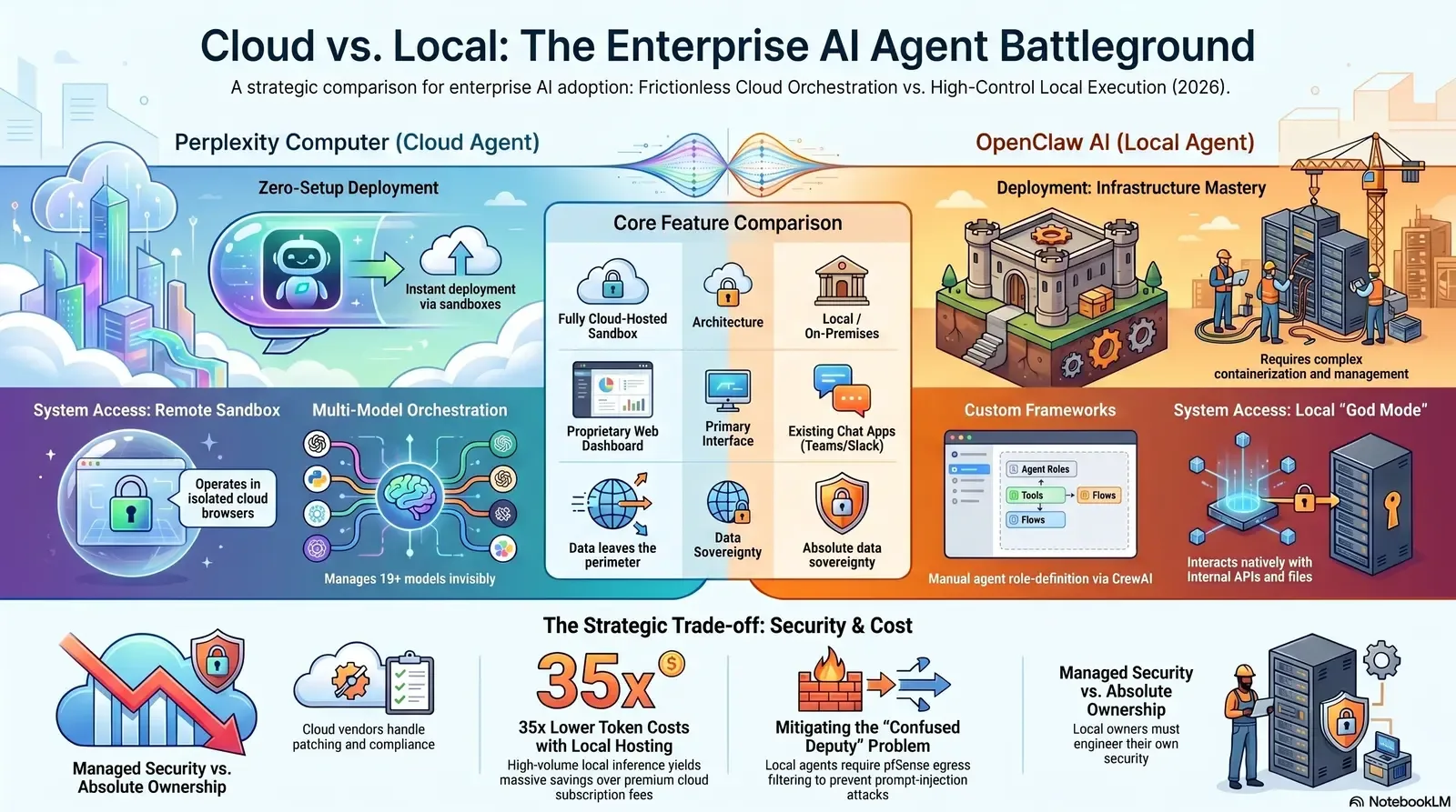 Comparative analysis of enterprise AI agents: Cloud-based Perplexity Computer vs. local OpenClaw AI highlighting deployment, features, security, and cost trade-offs.