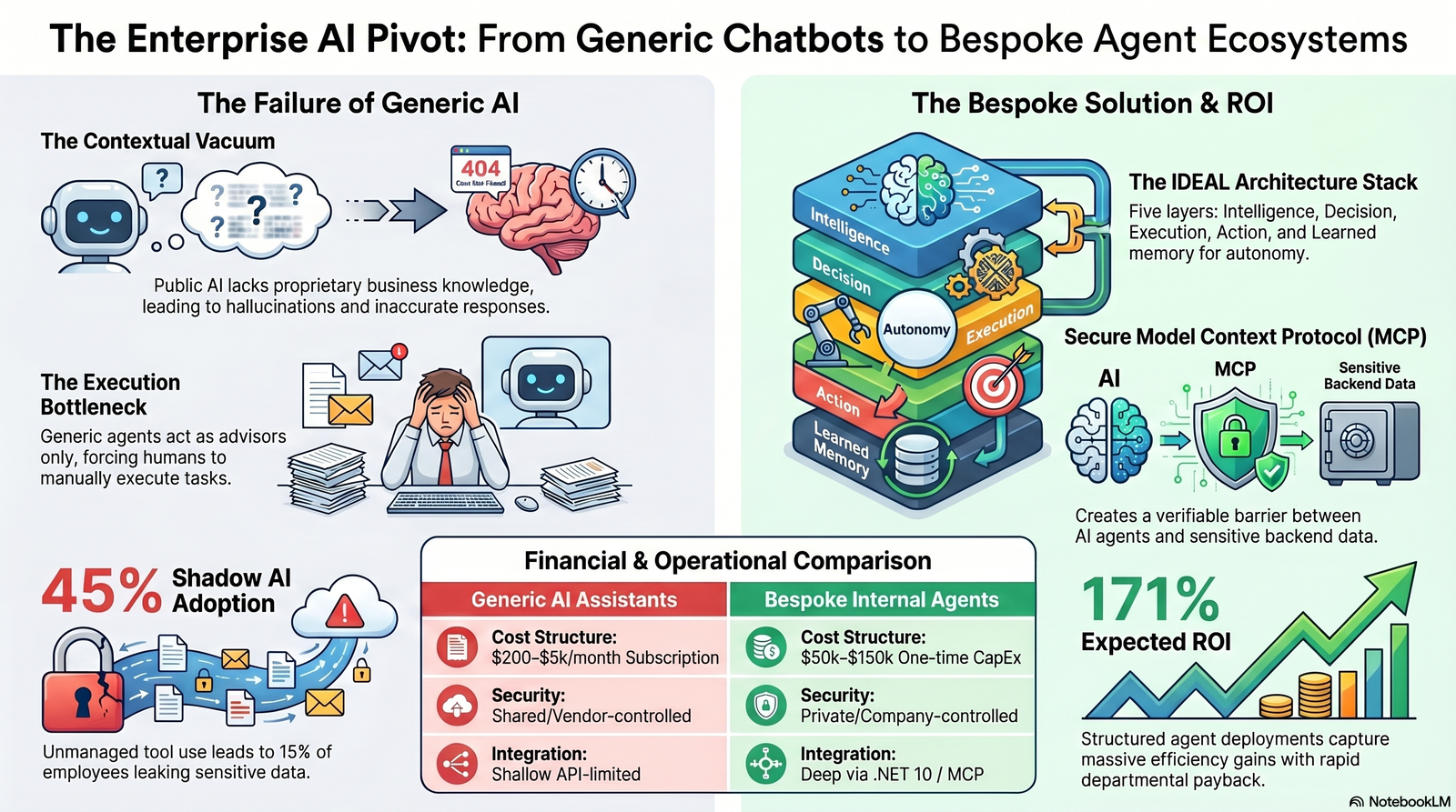 Comparison of the limitations of generic AI chatbots and the advantages of bespoke AI agent ecosystems in enterprise environments.
