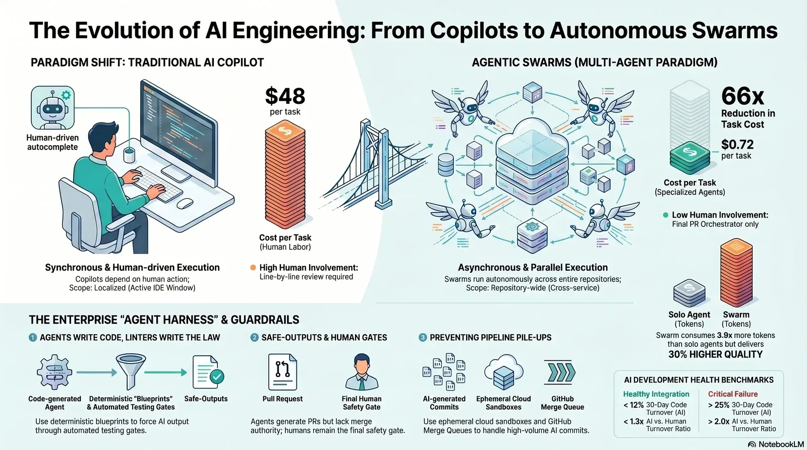 Diagram contrasting traditional AI copilots and autonomous agentic swarms illustrating efficiency, cost, execution methods, and enterprise safety measures in AI engineering.