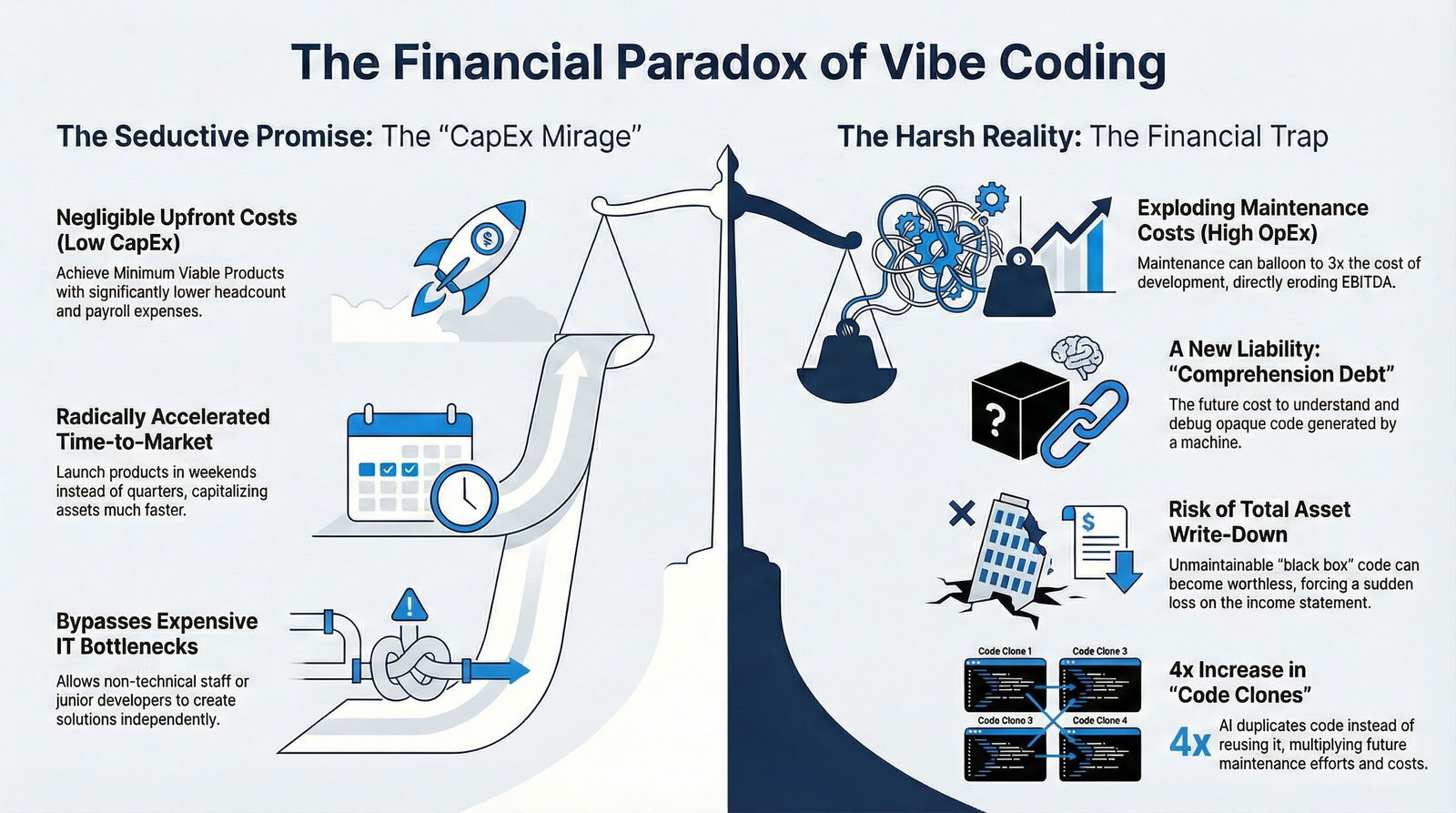 A balanced view of the financial promises and pitfalls of vibe coding in software development.
