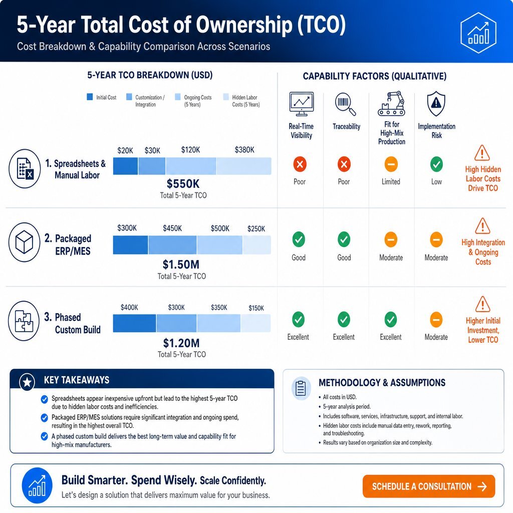 Five-Year TCO Comparison: Spreadsheet vs. MES vs. Custom Software