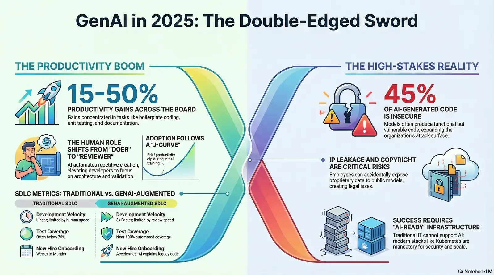 Infographic depicting the productivity benefits and security risks of GenAI in 2025, highlighting shifts in software development processes and infrastructure requirements.