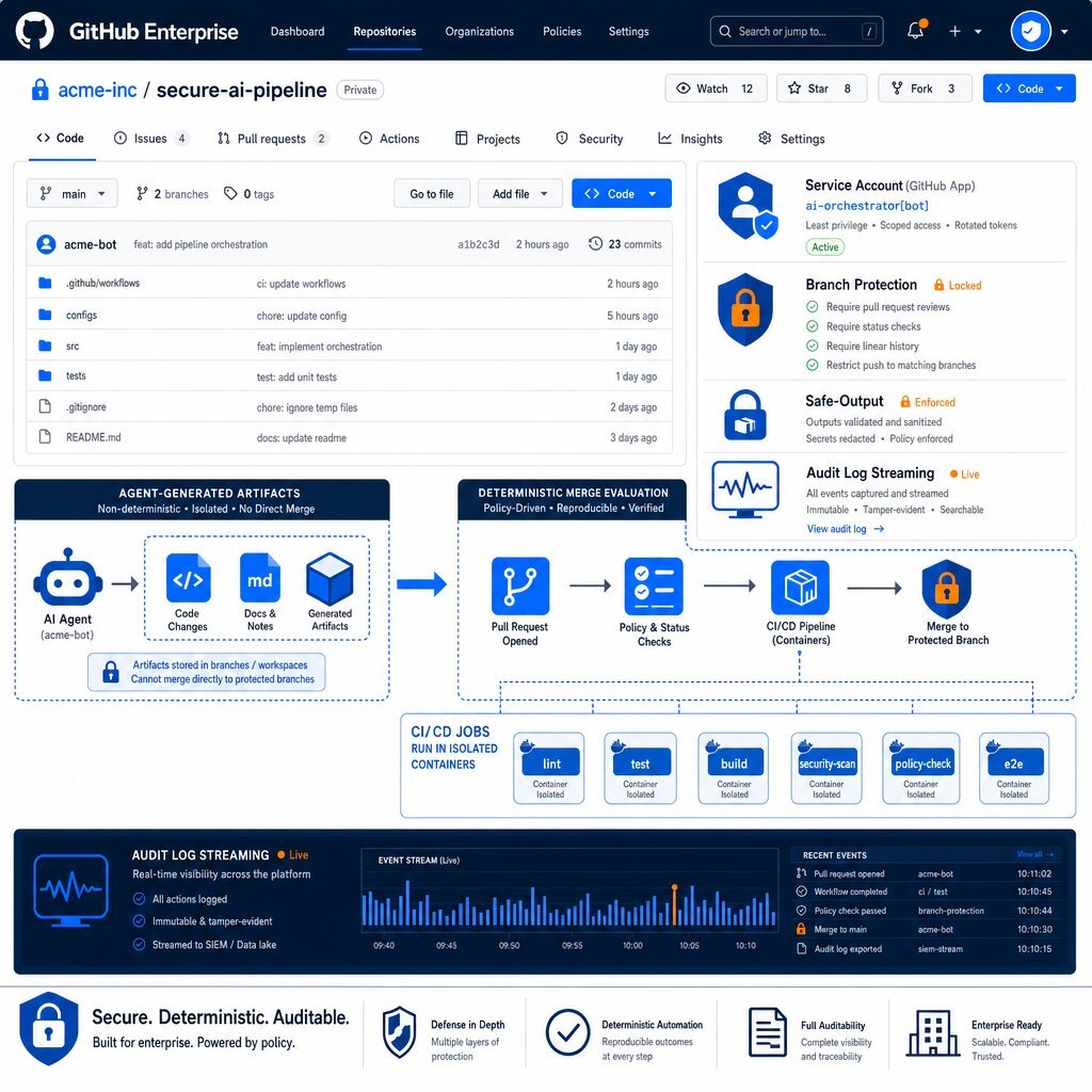 Layered security, audit, and guardrails are core to safe agentic operations on GitHub Enterprise.