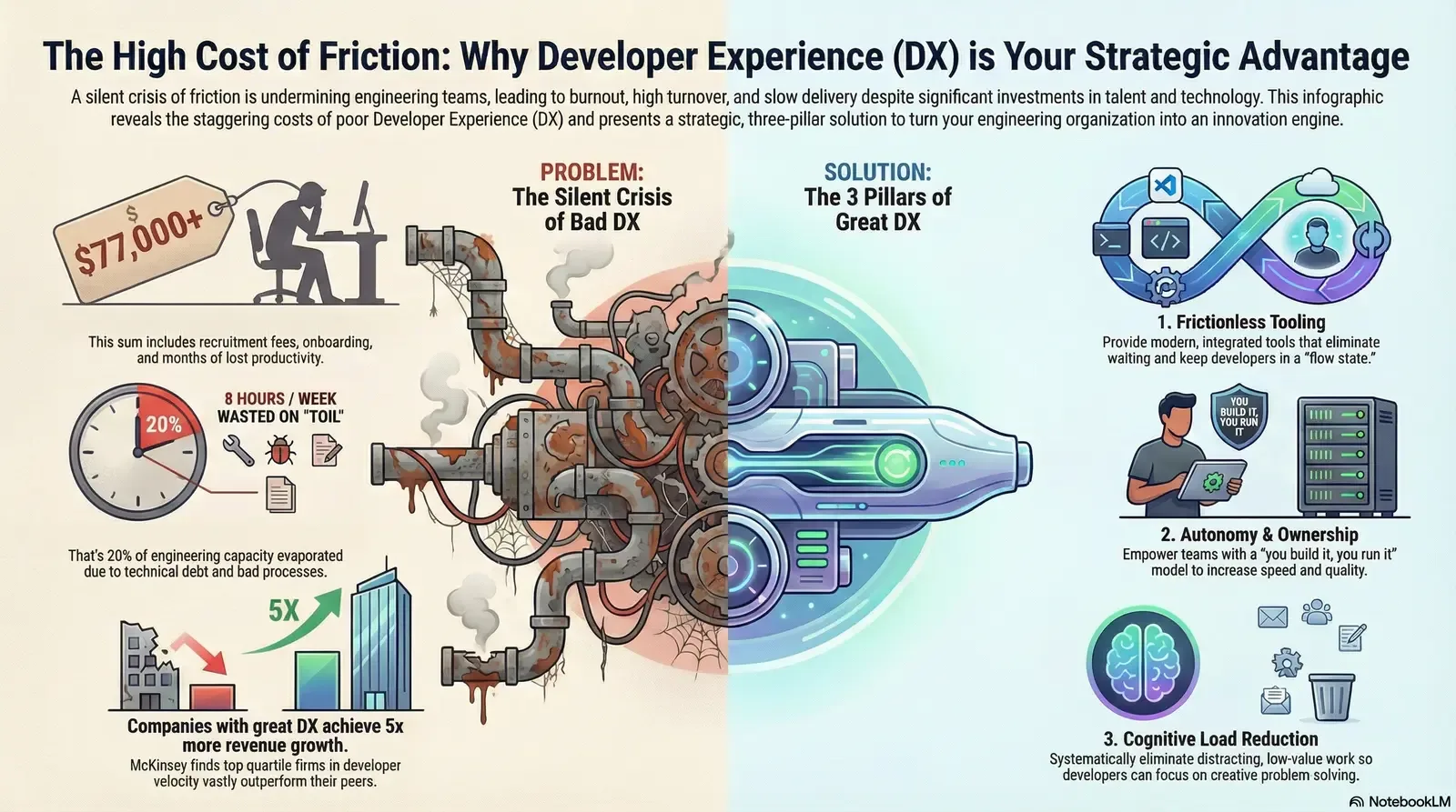 Infographic showing the high costs of poor Developer Experience and strategic pillars for improvement.