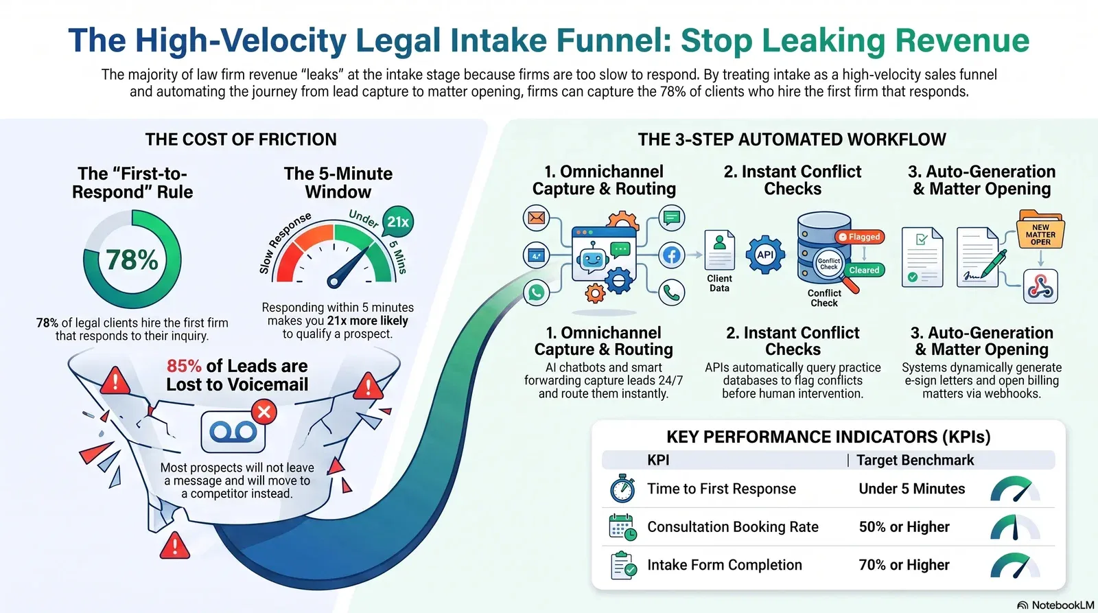 Overview of a high-velocity legal intake funnel highlighting key automation steps to reduce lead loss and increase client conversion.